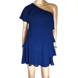 Aqua•Women's Navy-Blue One Shouldered Tierd Dress